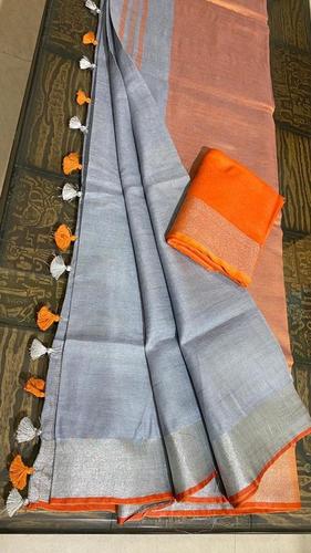 Pure Linen by Linen 120 Count Organic Saree - Plain Design with Contrast Blouse | Ideal for Party Wear Across All Seasons
