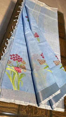 Pure Linen by Linen 120 Count Machine Embroidery Saree - Pure Linen Fabric, Elegant Embroidery Design, Includes Blouse, Perfect for All Seasons