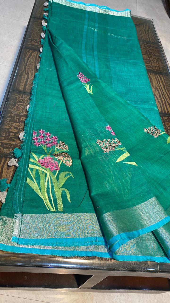 Pure Linen By Linen 120 Count Machine Embroidery Saree - Pure Linen Fabric, Elegant Embroidery Design, Includes Blouse, Perfect For All Seasons