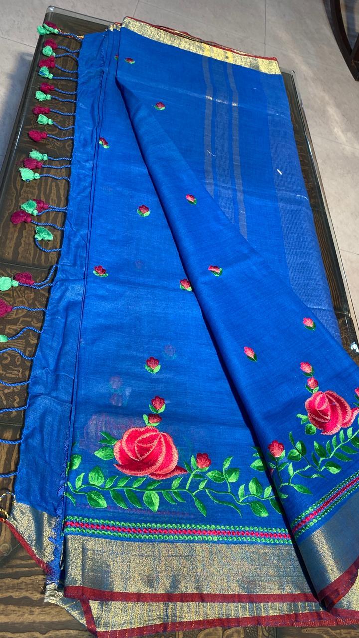 Pure Linen By Linen 120 Count Machine Embroidery Saree - Pure Linen Fabric, Elegant Embroidery Design, Includes Blouse, Perfect For All Seasons