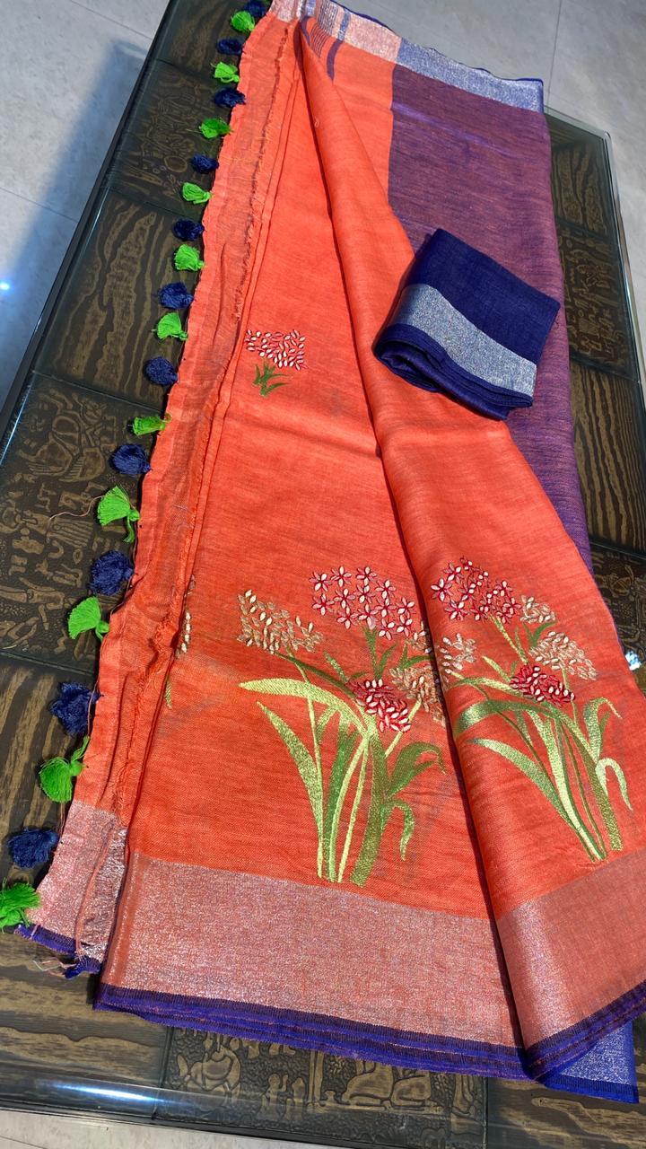 Pure Linen By Linen 120 Count Machine Embroidery Saree - Pure Linen Fabric, Elegant Embroidery Design, Includes Blouse, Perfect For All Seasons