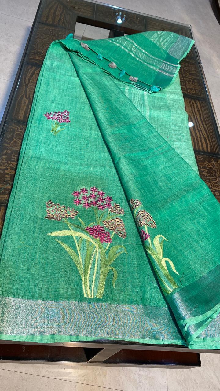 Pure Linen By Linen 120 Count Machine Embroidery Saree - Pure Linen Fabric, Elegant Embroidery Design, Includes Blouse, Perfect For All Seasons