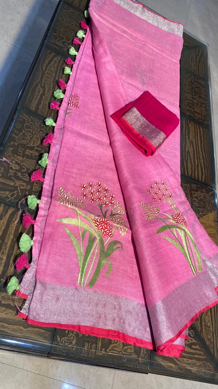 Pure Linen By Linen 120 Count Machine Embroidery Saree - Pure Linen Fabric, Elegant Embroidery Design, Includes Blouse, Perfect For All Seasons