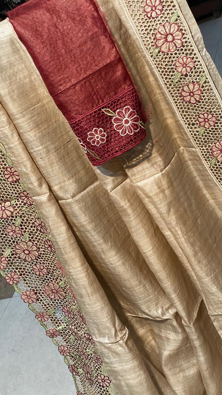 Party Wear Pure Tussar Silk Cut Work Saree