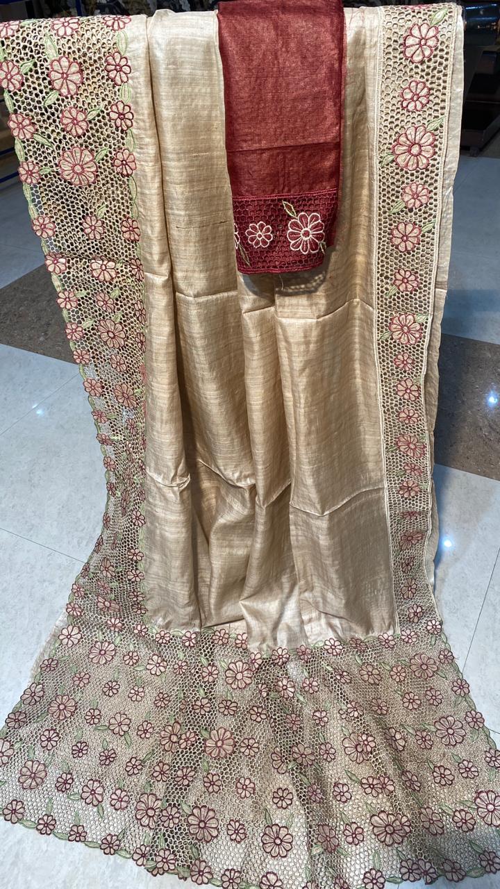 Party Wear Pure Tussar Silk Cut Work Saree