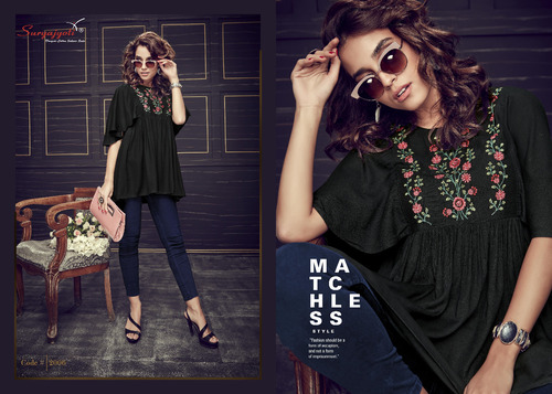 Cosmic Vol-1 - Rayon Slub, Embroidery Short Tops 28-29" Approx, Size M - Black Color Elegance With Stylish Embroidery Design