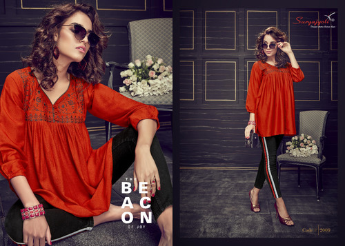 COSMIC VOL-1 - Rayon Slub Embroidered Short Tops | M Size, Vibrant Red Color, 28-29" Length