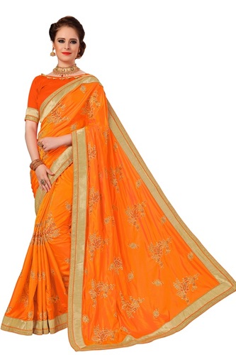 Orange Silk Embroidered Work Saree