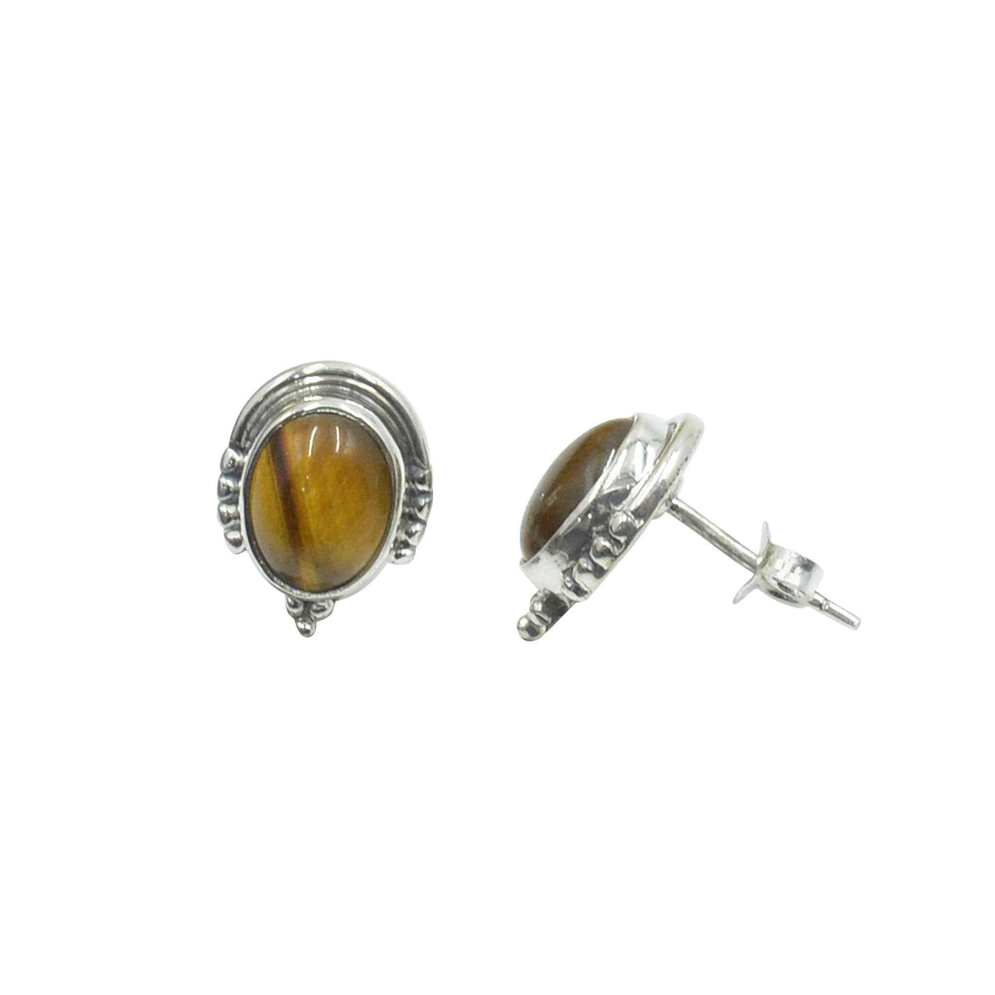 Silvesto India 925 Sterling Silver Natural Yellow Tiger Eyeoval Shape Gemstone Stud Earring For Women Size: 1.4 Cm