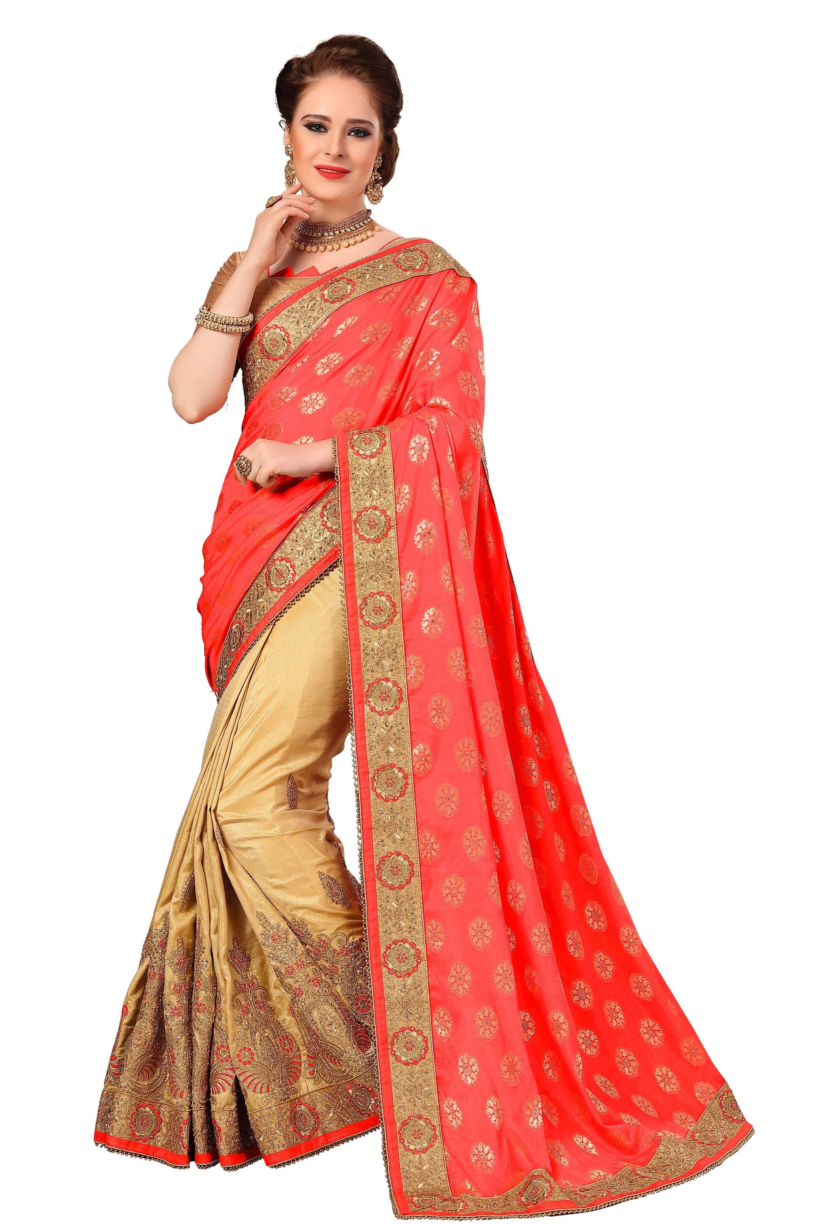 Orange Jacquard Brasso & Silk Embroidery Work Saree