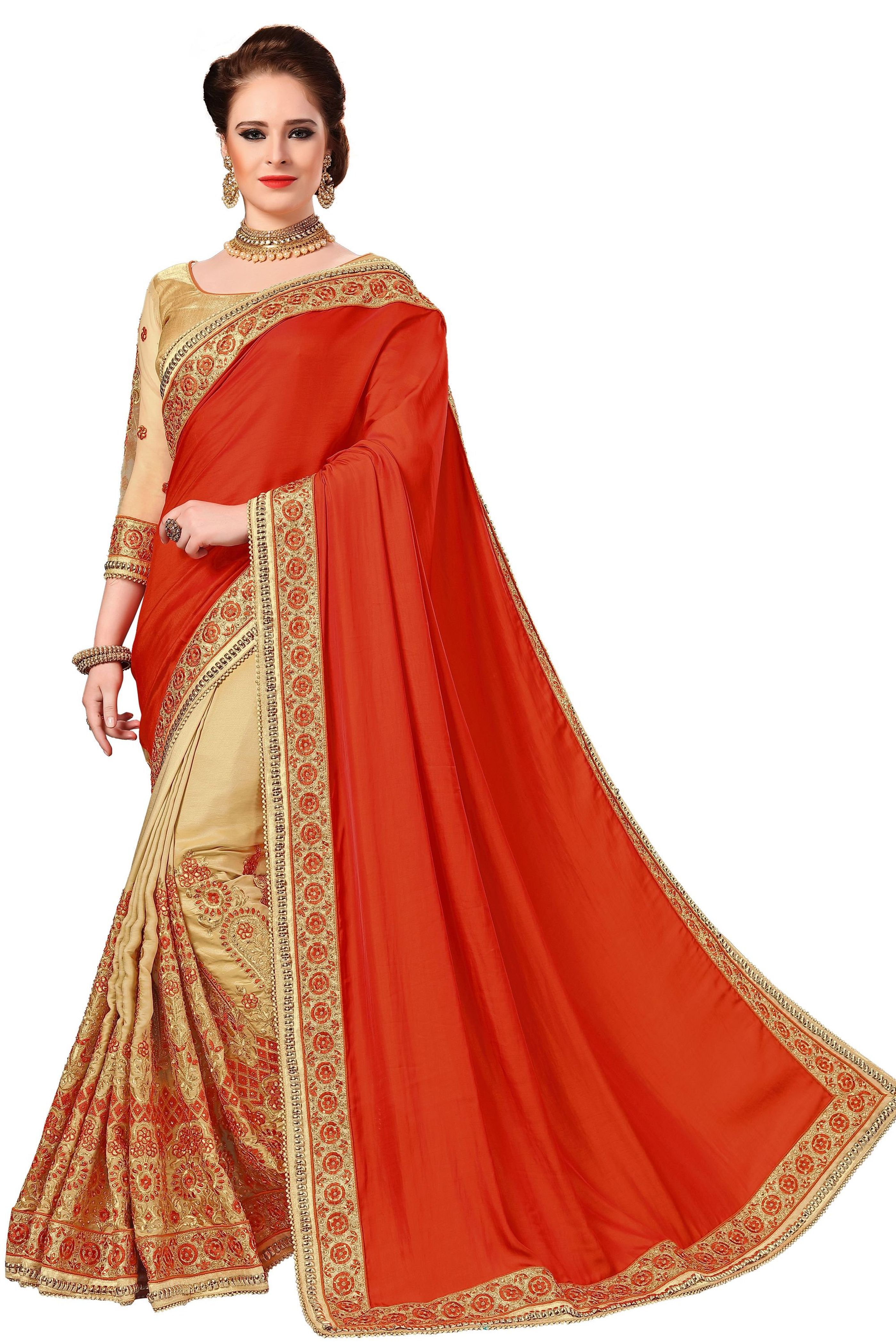 Orange Silk Embroidered Work Saree