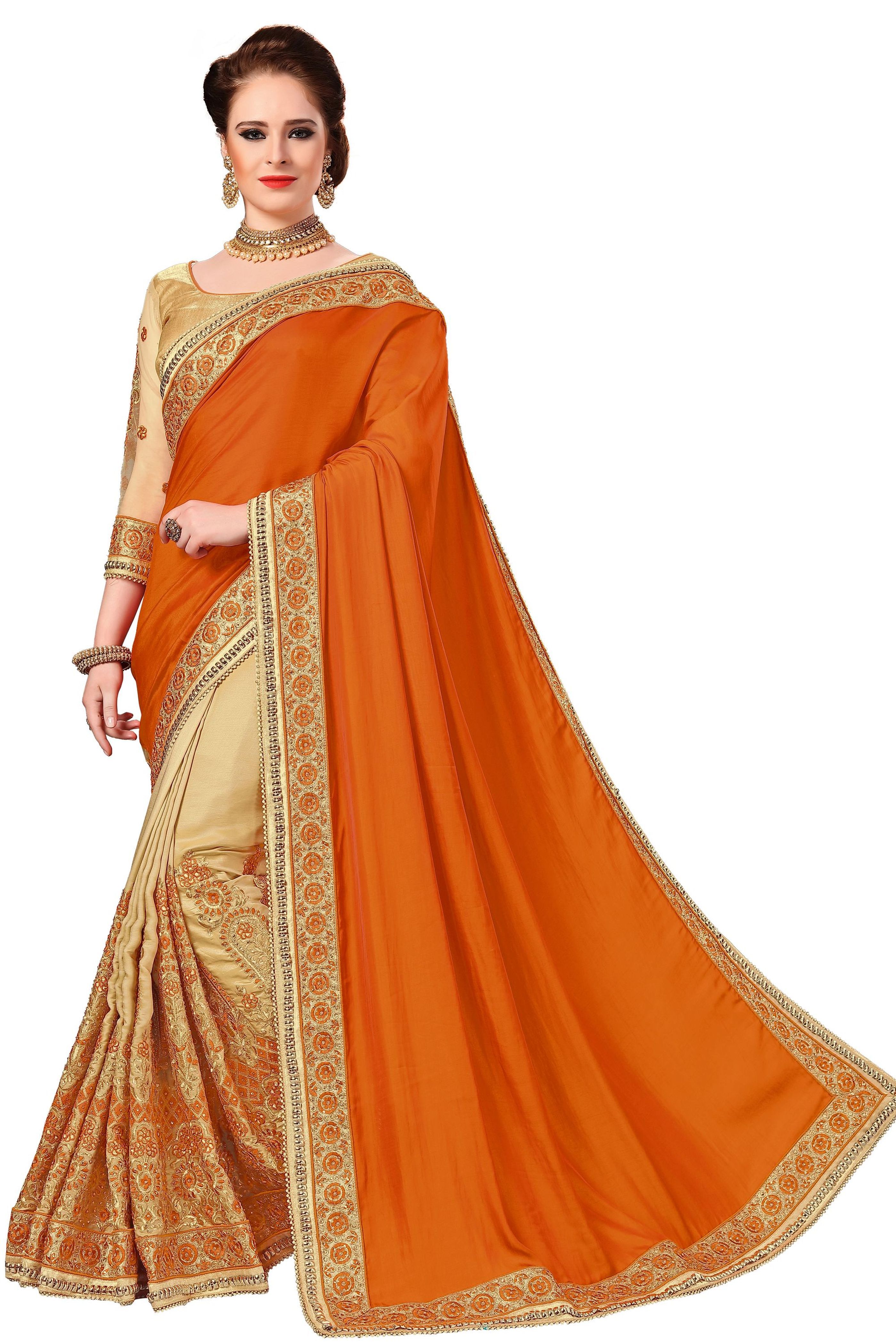 Orange Silk Embroidered Work Saree