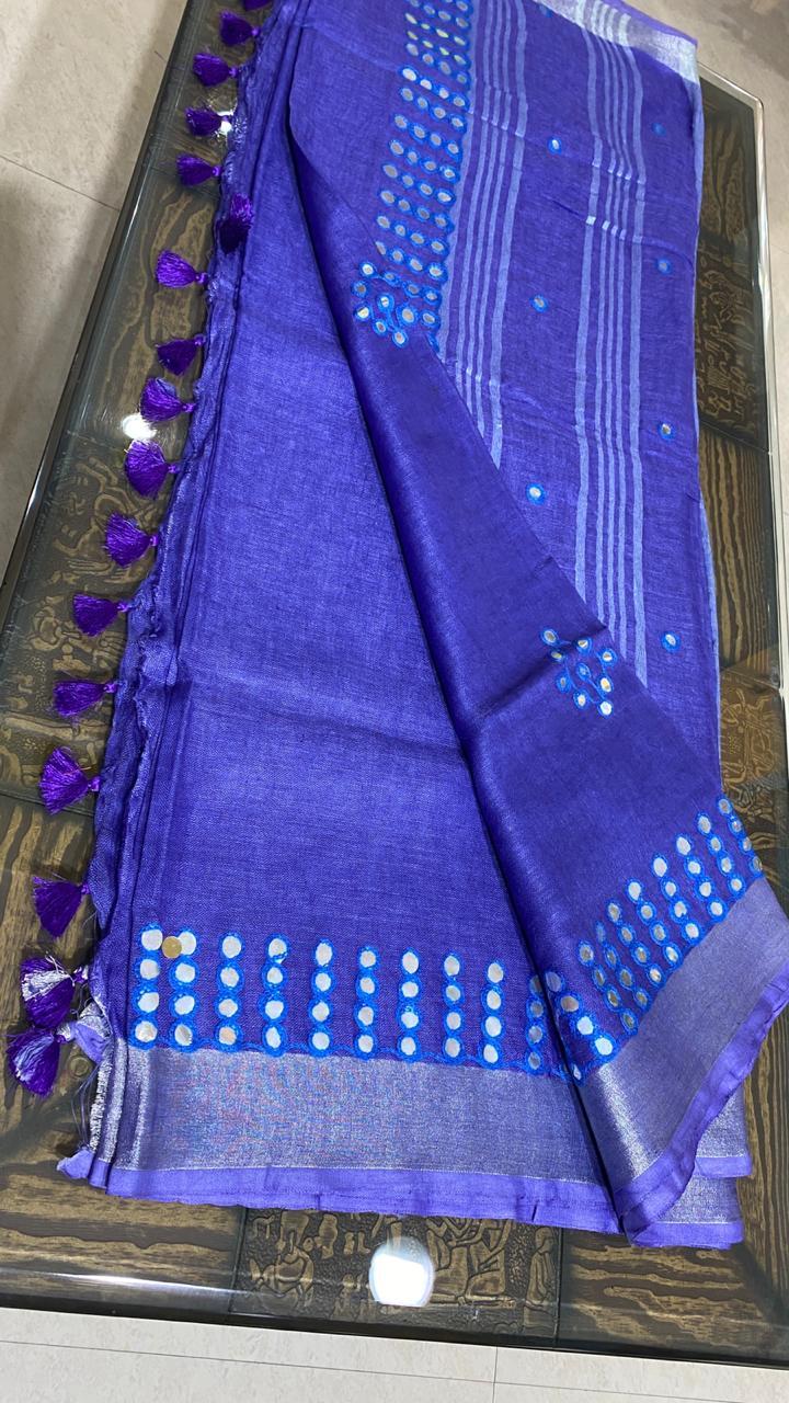 Glamorous Linen 120 Count Saree - Silver Foil Cut Work On Border & Pallu, Running Blouse | Ideal For Party Wear Across All Seasons