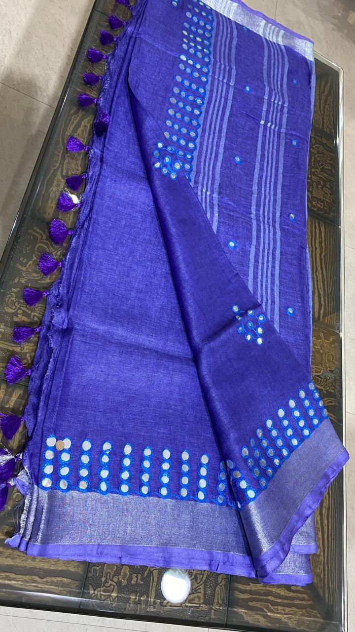 Glamorous Linen 120 Count Saree - Silver Foil Cut Work On Border & Pallu, Running Blouse | Ideal For Party Wear Across All Seasons