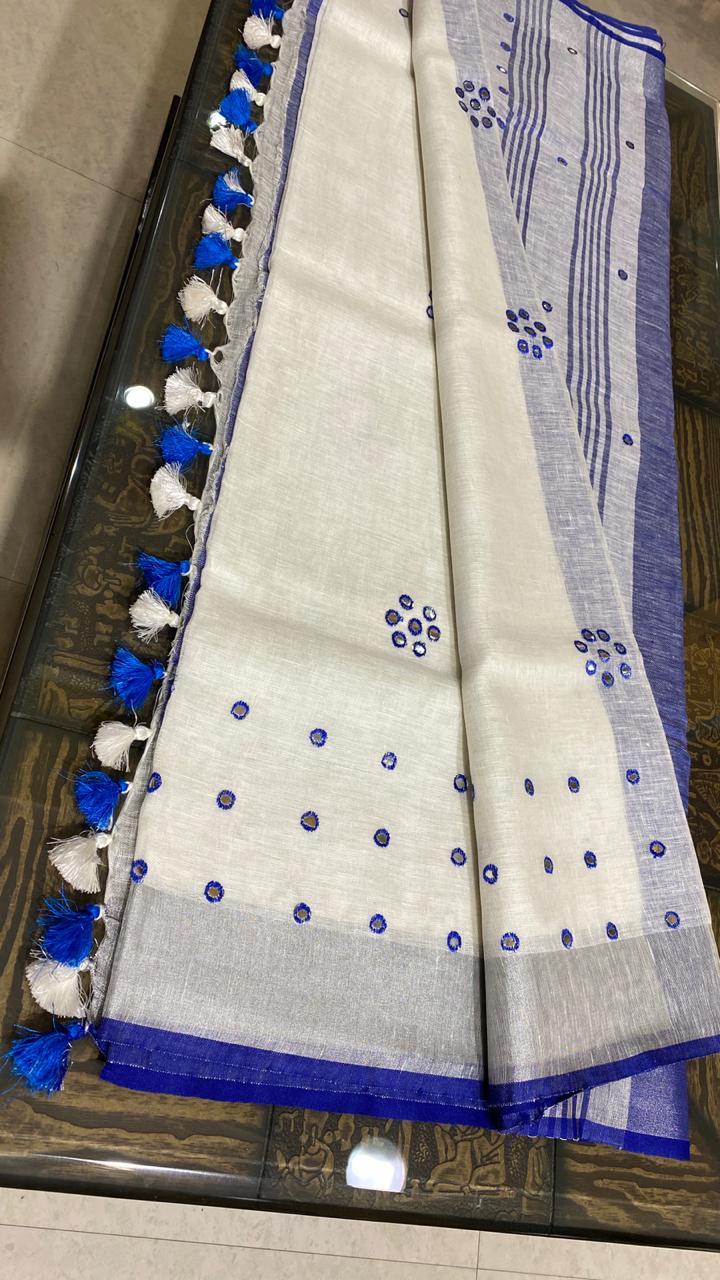 Glamorous Linen 120 Count Saree - Silver Foil Cut Work On Border & Pallu, Running Blouse | Ideal For Party Wear Across All Seasons