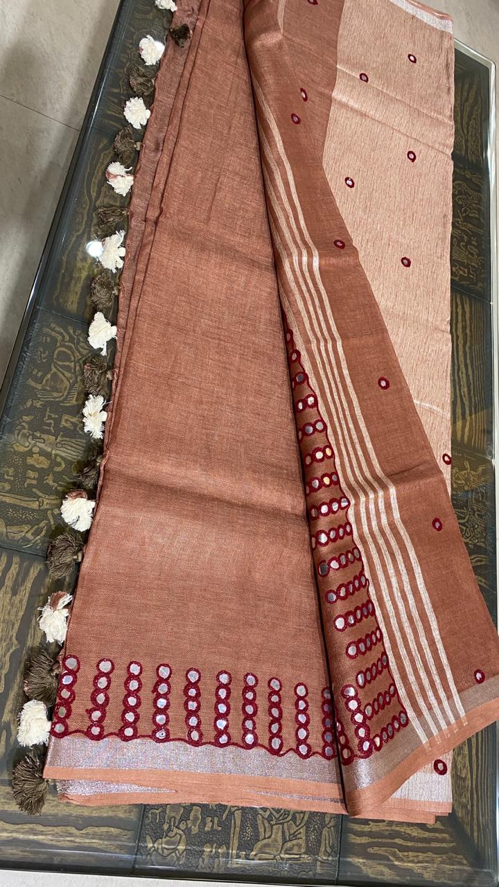Glamorous Linen 120 Count Saree - Silver Foil Cut Work On Border & Pallu, Running Blouse | Ideal For Party Wear Across All Seasons