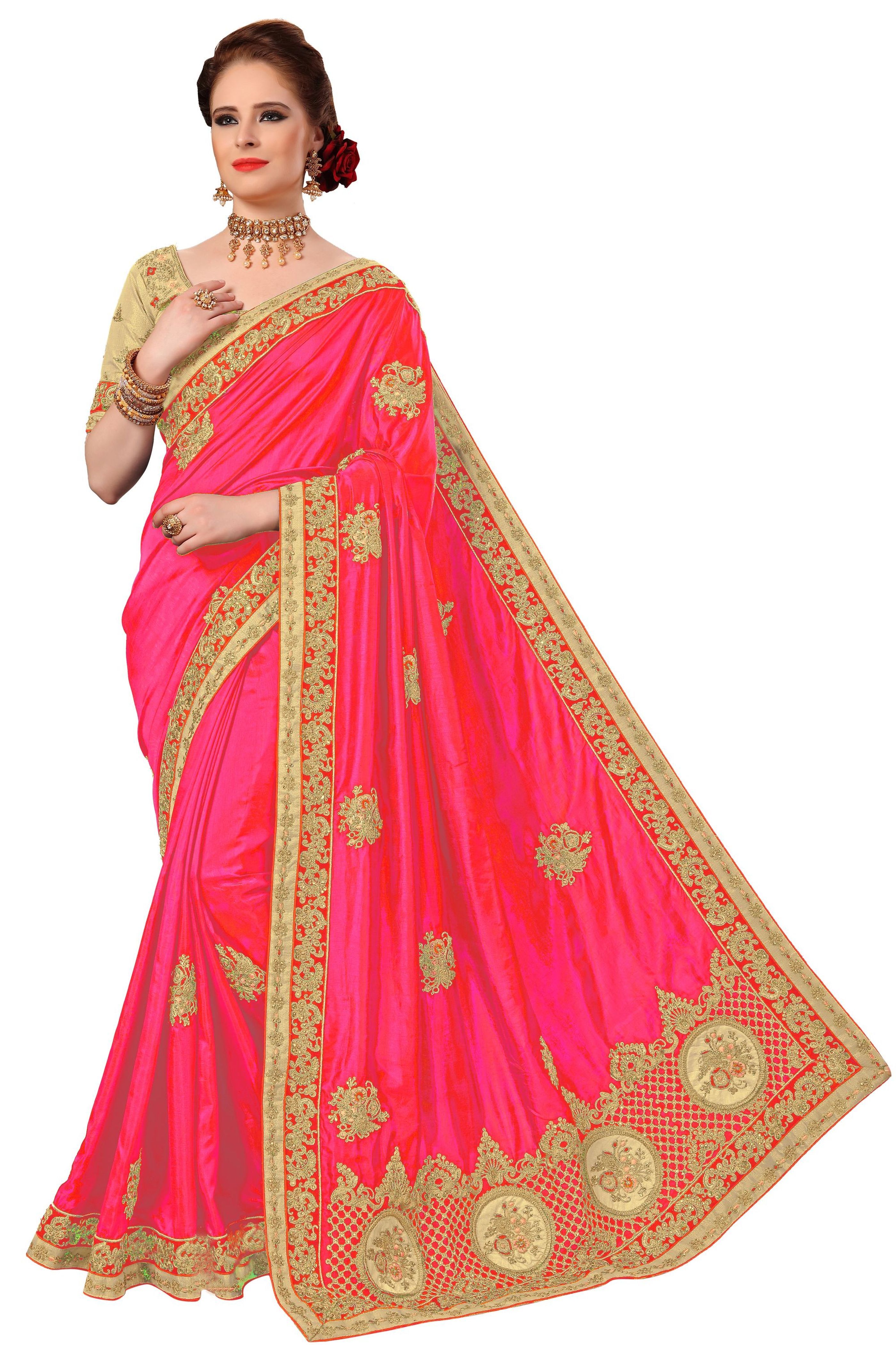 Pink Silk Embroidered Work Saree