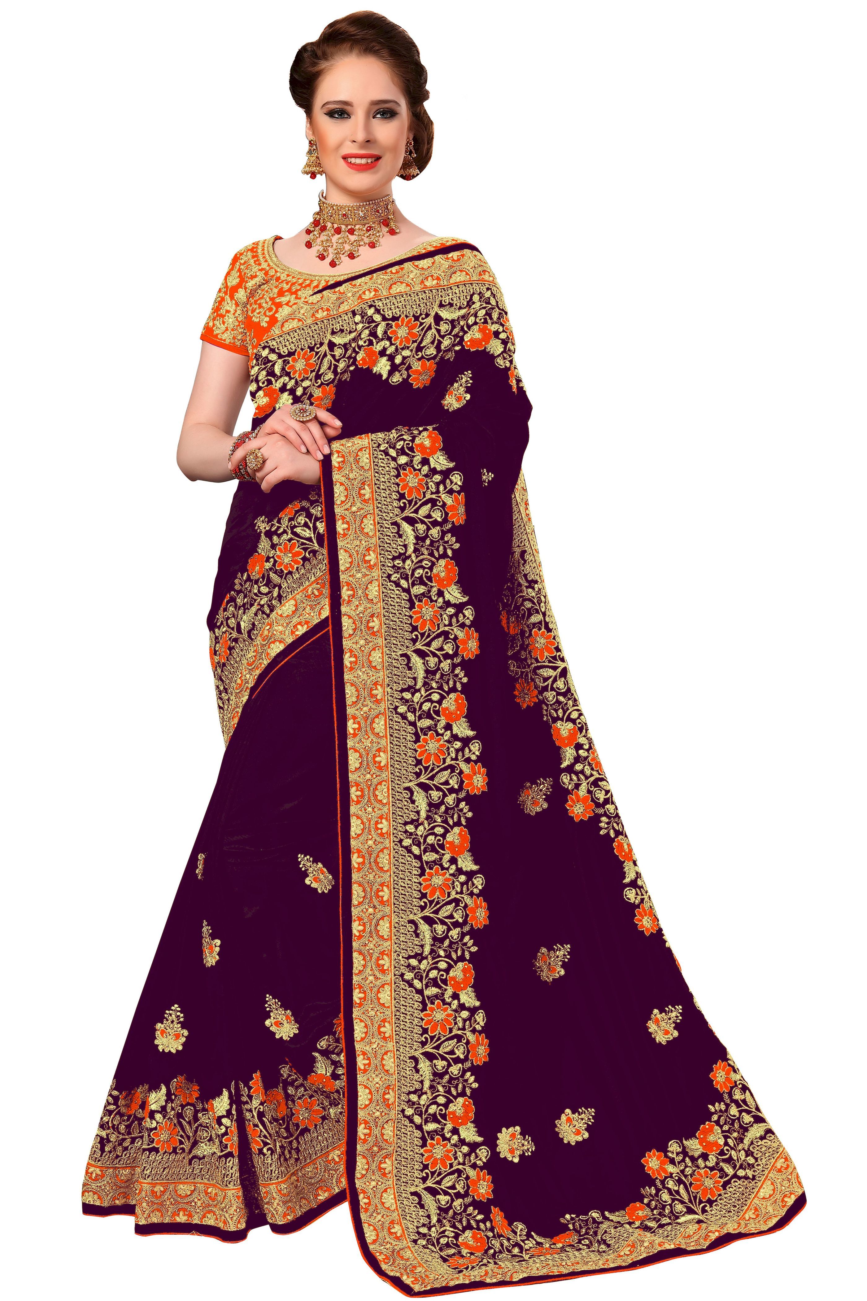 Silk Embroidered Work Saree - Floral Design Wide Embroidery Border, Stone Work With Embellished Dupion Silk Blouse Piece | Ideal For Festive, Party & Wedding Occasions