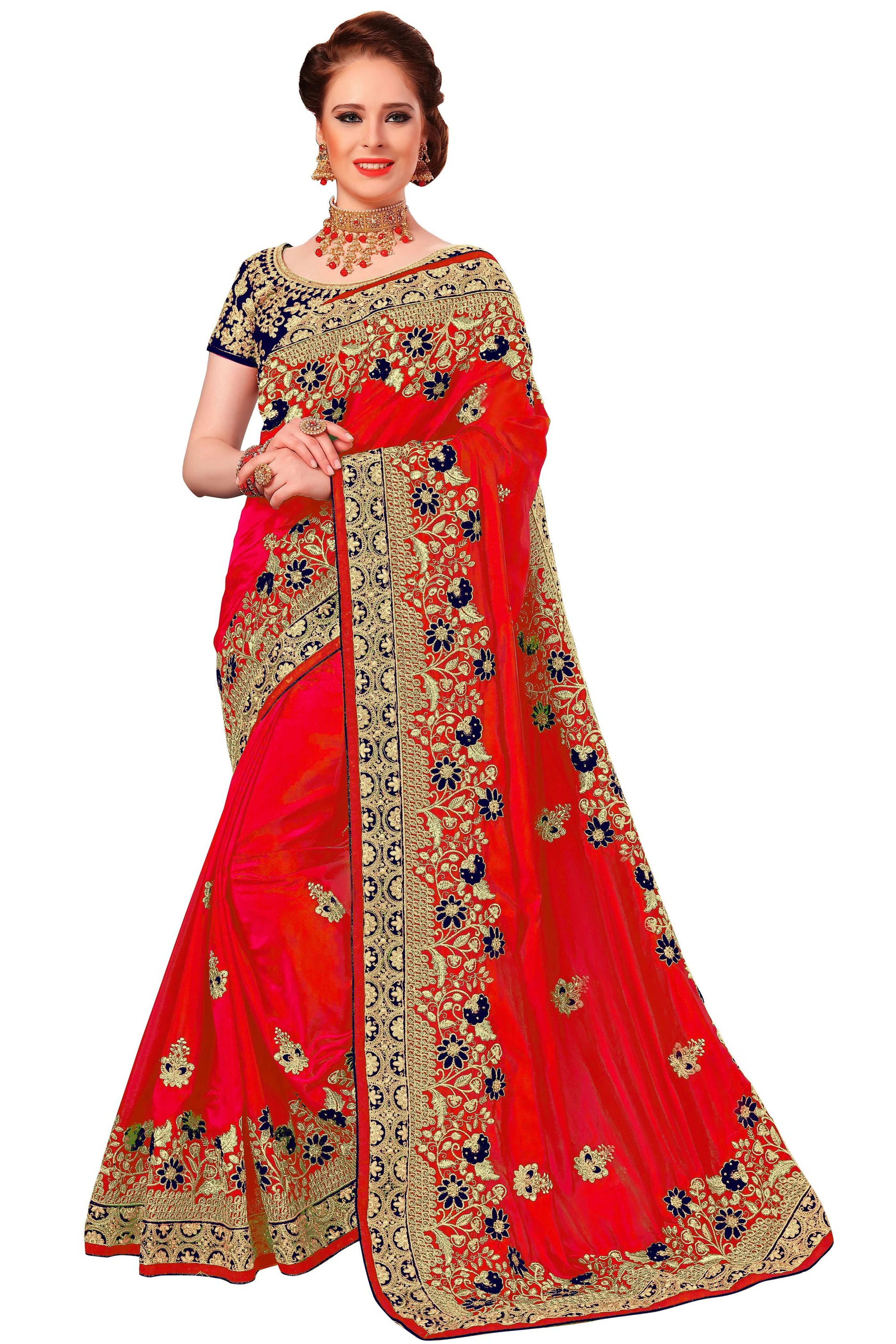 Silk Embroidered Work Saree - Floral Design Wide Embroidery Border, Stone Work With Embellished Dupion Silk Blouse Piece | Ideal For Festive, Party & Wedding Occasions