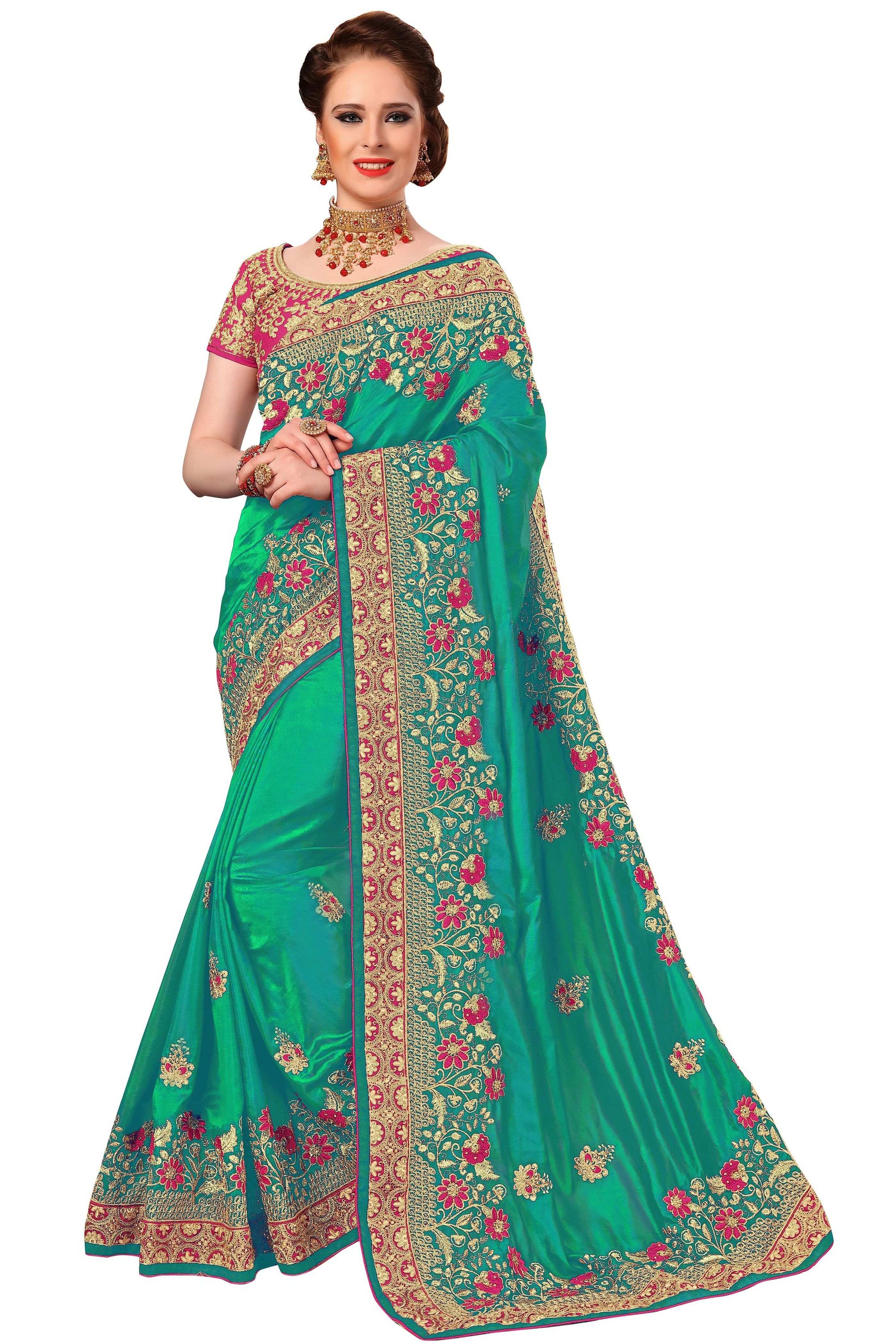 Silk Embroidered Work Saree - Floral Design Wide Embroidery Border, Stone Work With Embellished Dupion Silk Blouse Piece | Ideal For Festive, Party & Wedding Occasions