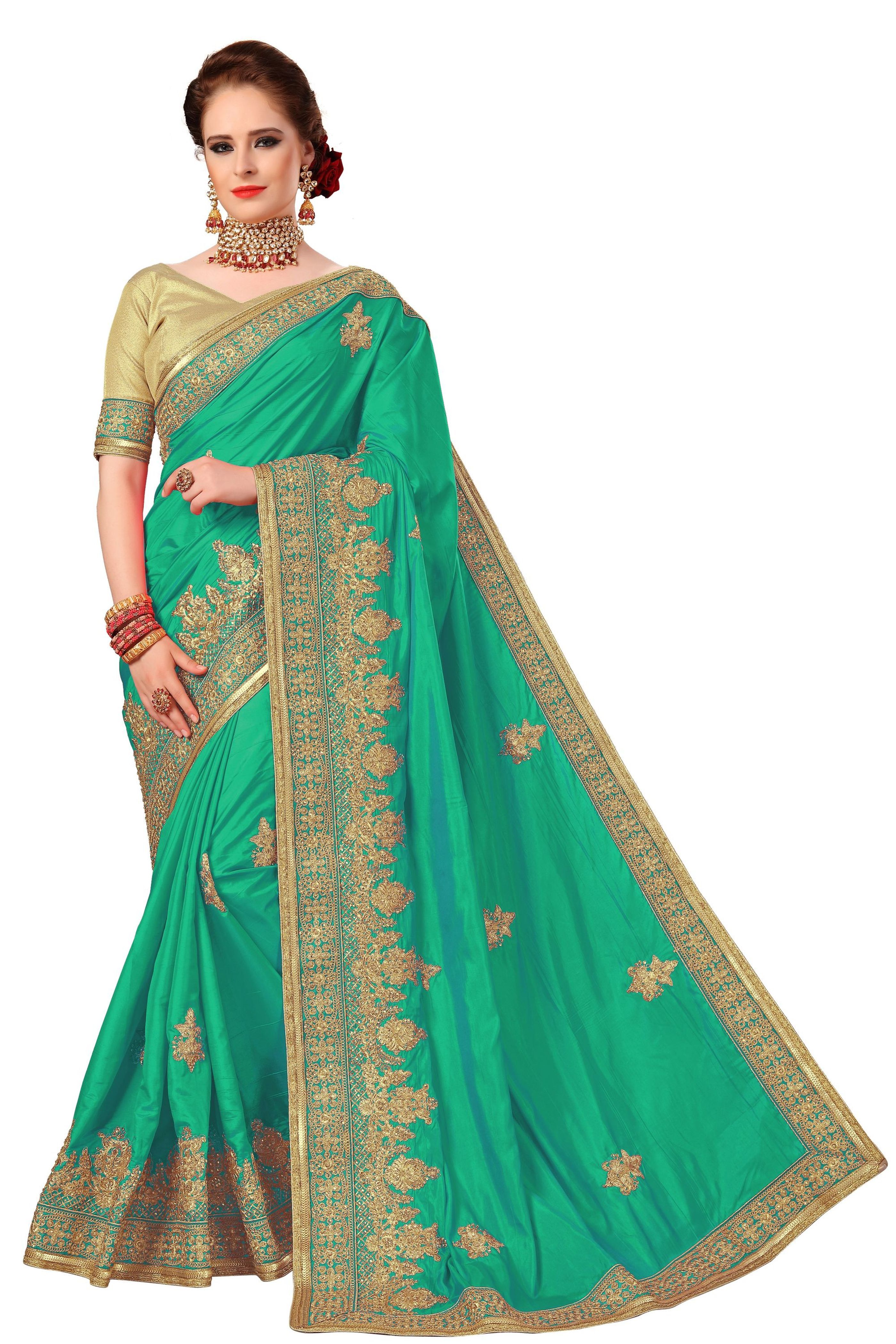 Silk Saree - 5.50 M Length, Unstitched Dupion Silk Blouse Piece, Embroidered Resam Work With Wide Ethnic Border And Stone Accents