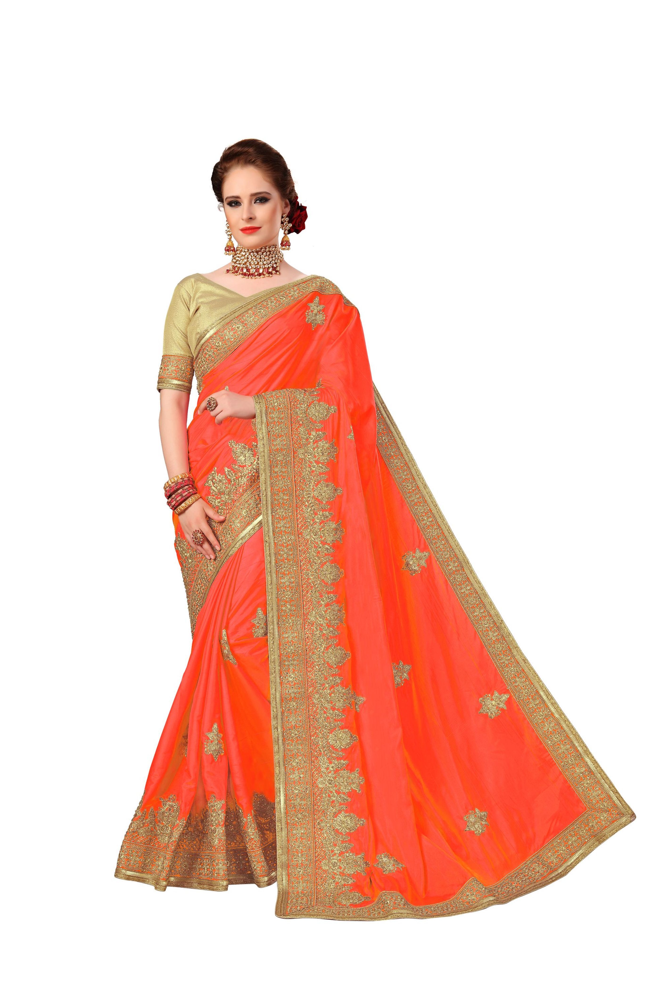 Silk Saree - 5.50 M Length, Unstitched Dupion Silk Blouse Piece, Embroidered Resam Work With Wide Ethnic Border And Stone Accents