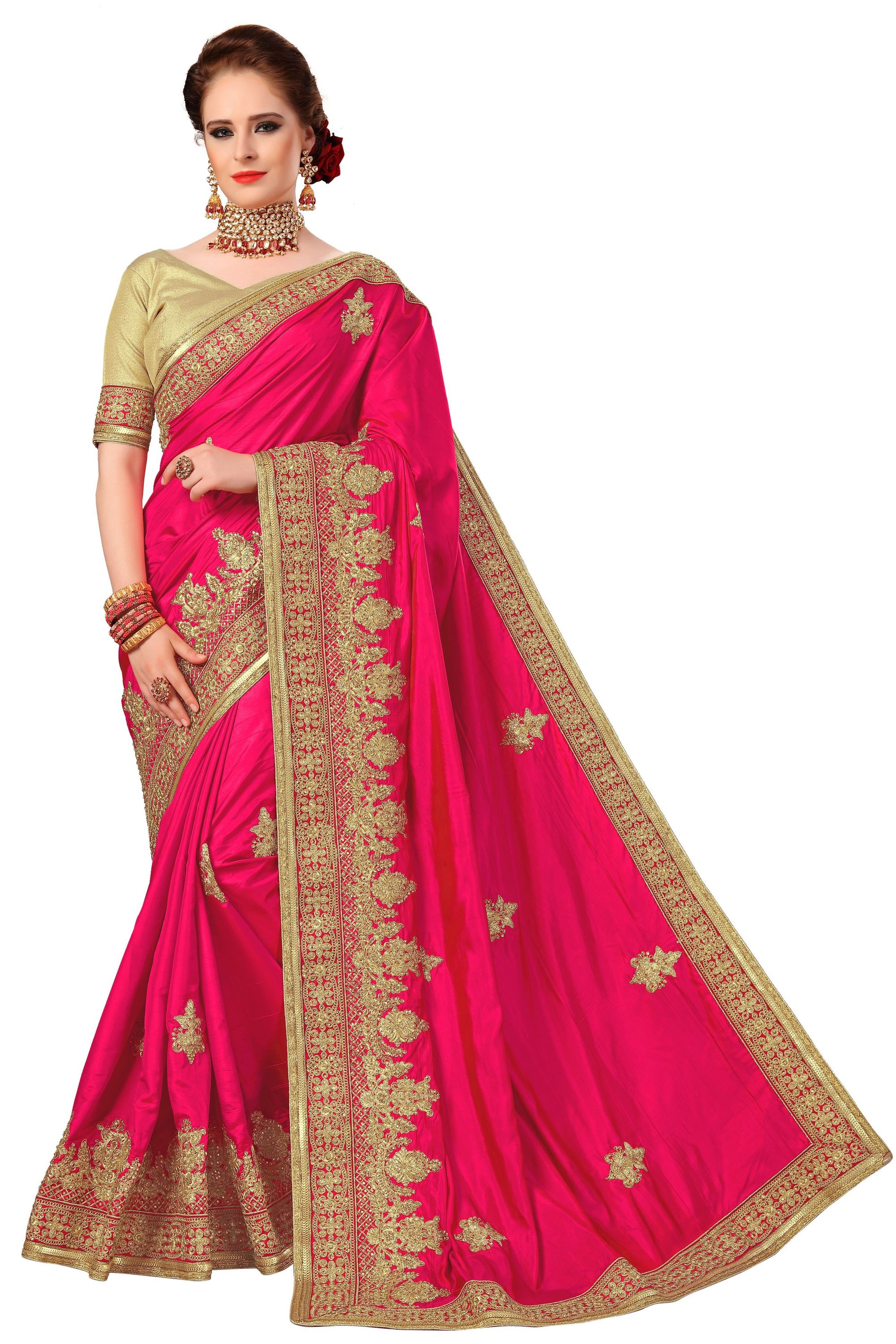 Silk Saree - 5.50 M Length, Unstitched Dupion Silk Blouse Piece, Embroidered Resam Work With Wide Ethnic Border And Stone Accents