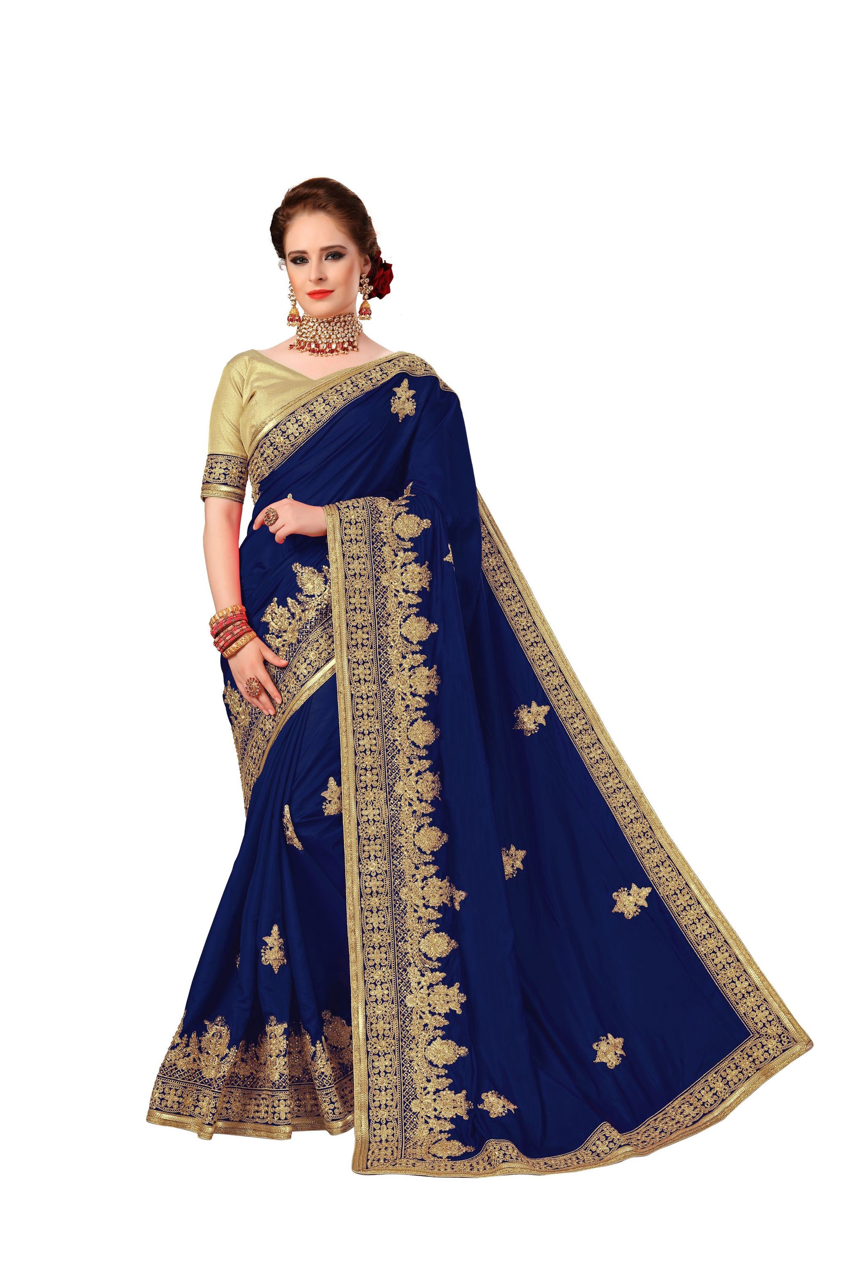 Silk Saree - 5.50 M Length, Unstitched Dupion Silk Blouse Piece, Embroidered Resam Work With Wide Ethnic Border And Stone Accents