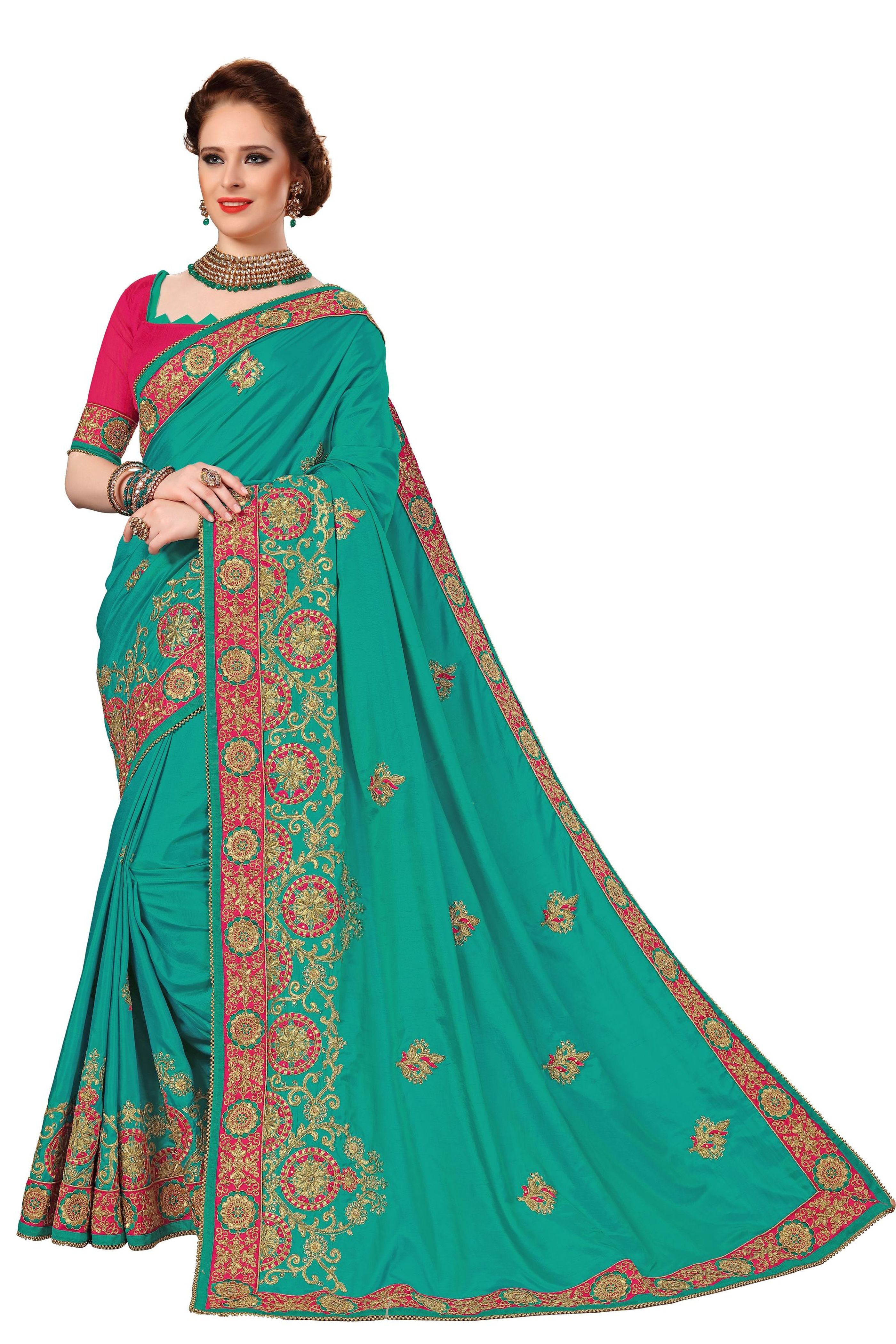 Silk Embroidered Work Saree - 5.50 Mts Floral Design With Wide Embroidery Border, Stone Work And Dupion Silk Blouse Piece, Perfect For Festive, Party & Wedding Occasions