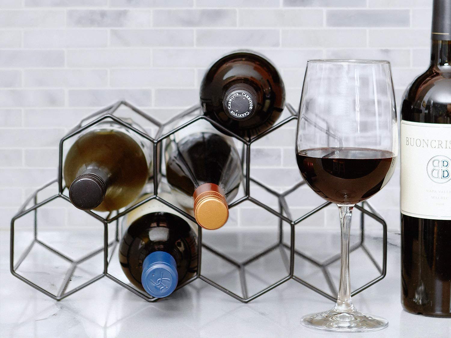 Countertop Wine Rack - 9 Bottle Wine Holder For Wine Storage - No Assembly Required - Modern Black Metal Wine Rack - Wine Racks Countertop - Small Wine Rack - Wine Bottle Storage - Tabletop Wine Rack