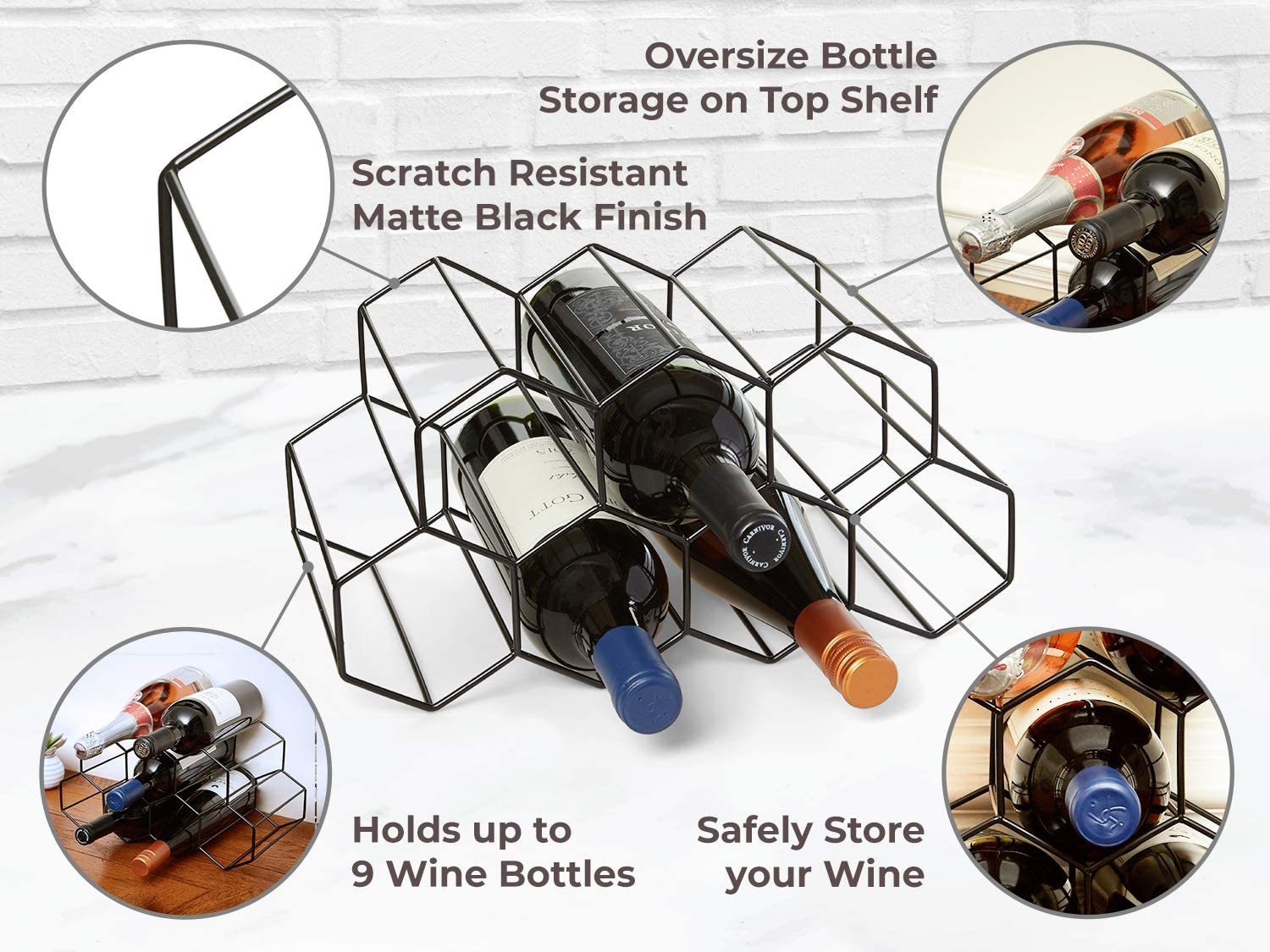 Countertop Wine Rack - 9 Bottle Wine Holder For Wine Storage - No Assembly Required - Modern Black Metal Wine Rack - Wine Racks Countertop - Small Wine Rack - Wine Bottle Storage - Tabletop Wine Rack