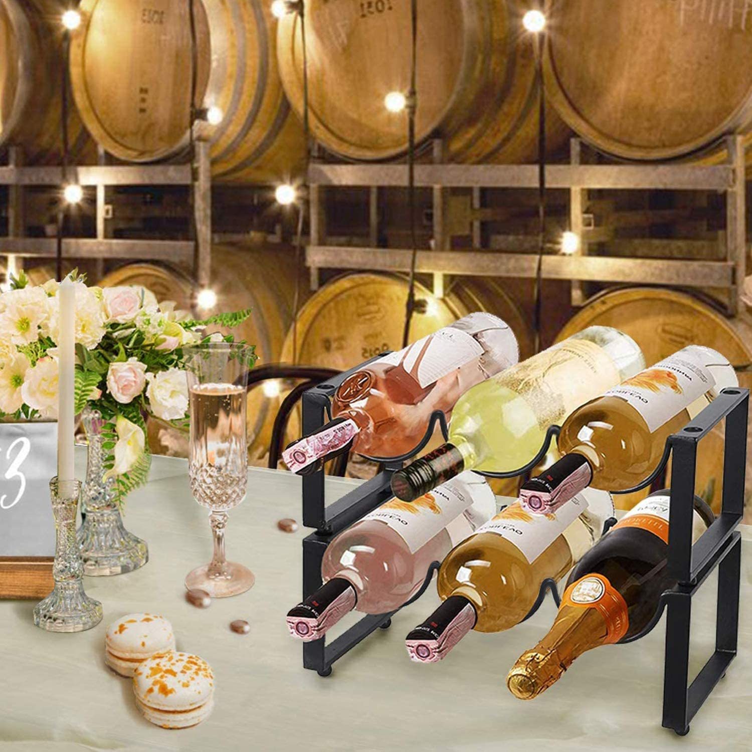 2 Tier Wine Racks Countertop Metal 6 Bottles, Free-standing Wine Rack Stackable For Home Decor Bar Wine Cellar Basement Cabinet Pantry