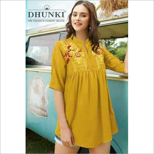 Ladies Top - Rayon Fabric, Length: 29 Inch, Color: Yellow | Full Stitched, Long Sleeve, Embroidered Work, Available Sizes: M(38), L(40), XL(42)