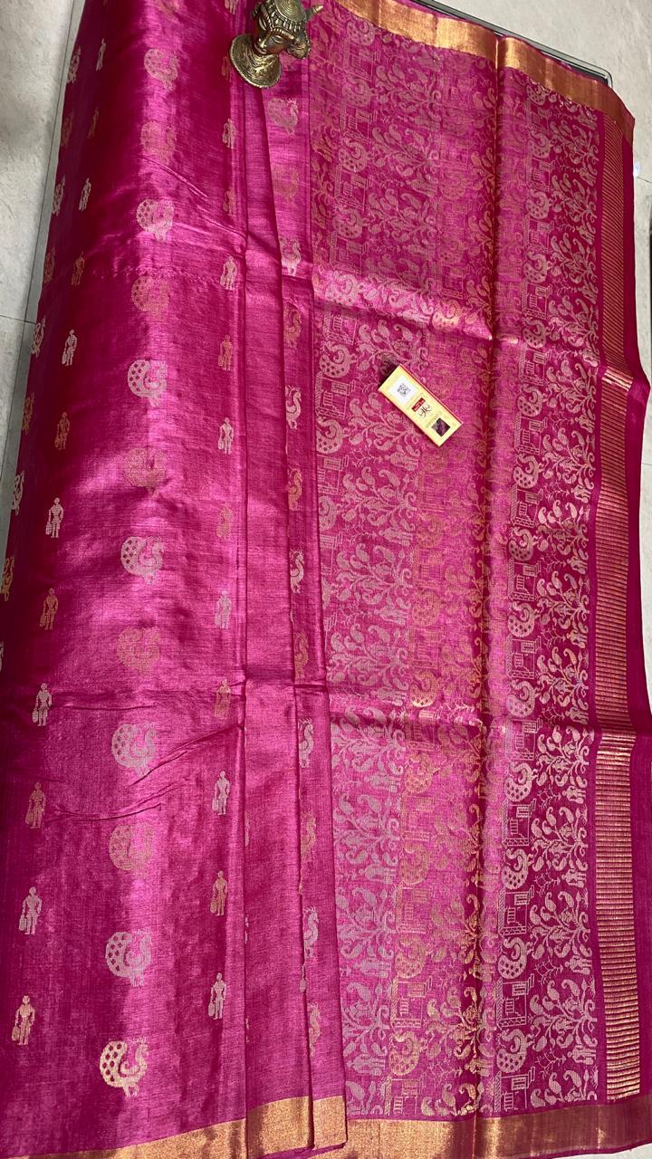 Pure Tussar (Kosa) Silk Handloom All Over Peacock Boota, Jala, Pallu Saree - Material: Pure Tussar Silk | Occasion: Party Wear, Pattern: Plain, Seasons: Rainy, Spring, Summer, Winter