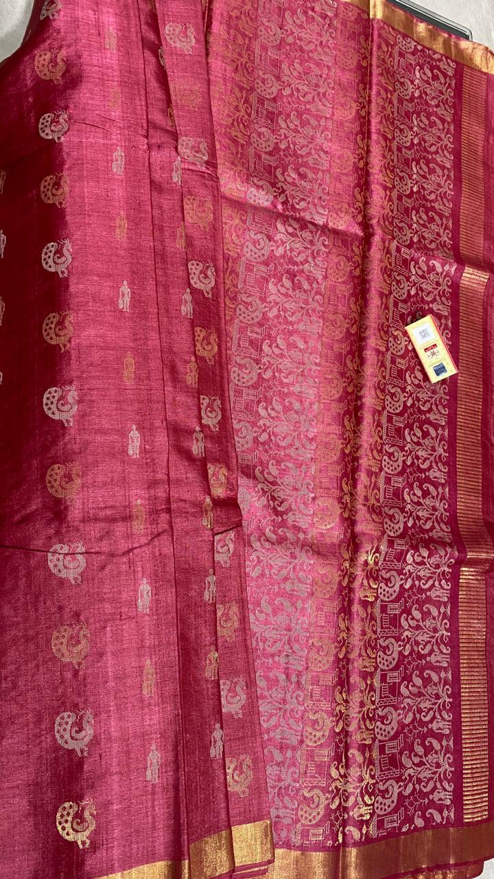 Pure Tussar (Kosa) Silk Handloom All Over Peacock Boota, Jala, Pallu Saree - Material: Pure Tussar Silk | Occasion: Party Wear, Pattern: Plain, Seasons: Rainy, Spring, Summer, Winter
