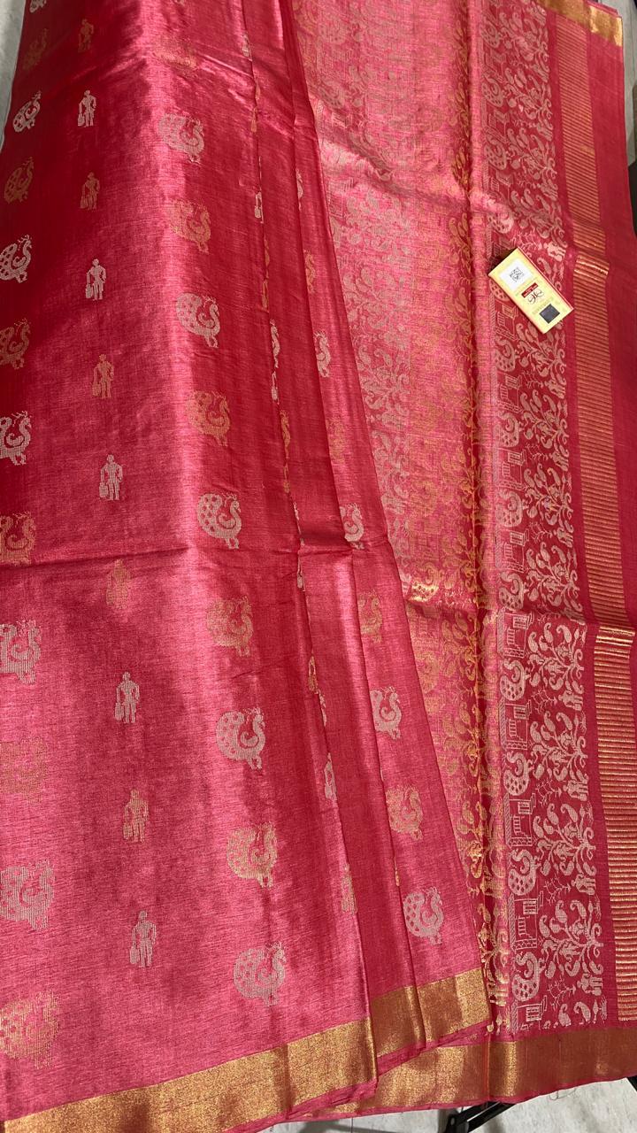 Pure Tussar (Kosa) Silk Handloom All Over Peacock Boota, Jala, Pallu Saree - Material: Pure Tussar Silk | Occasion: Party Wear, Pattern: Plain, Seasons: Rainy, Spring, Summer, Winter