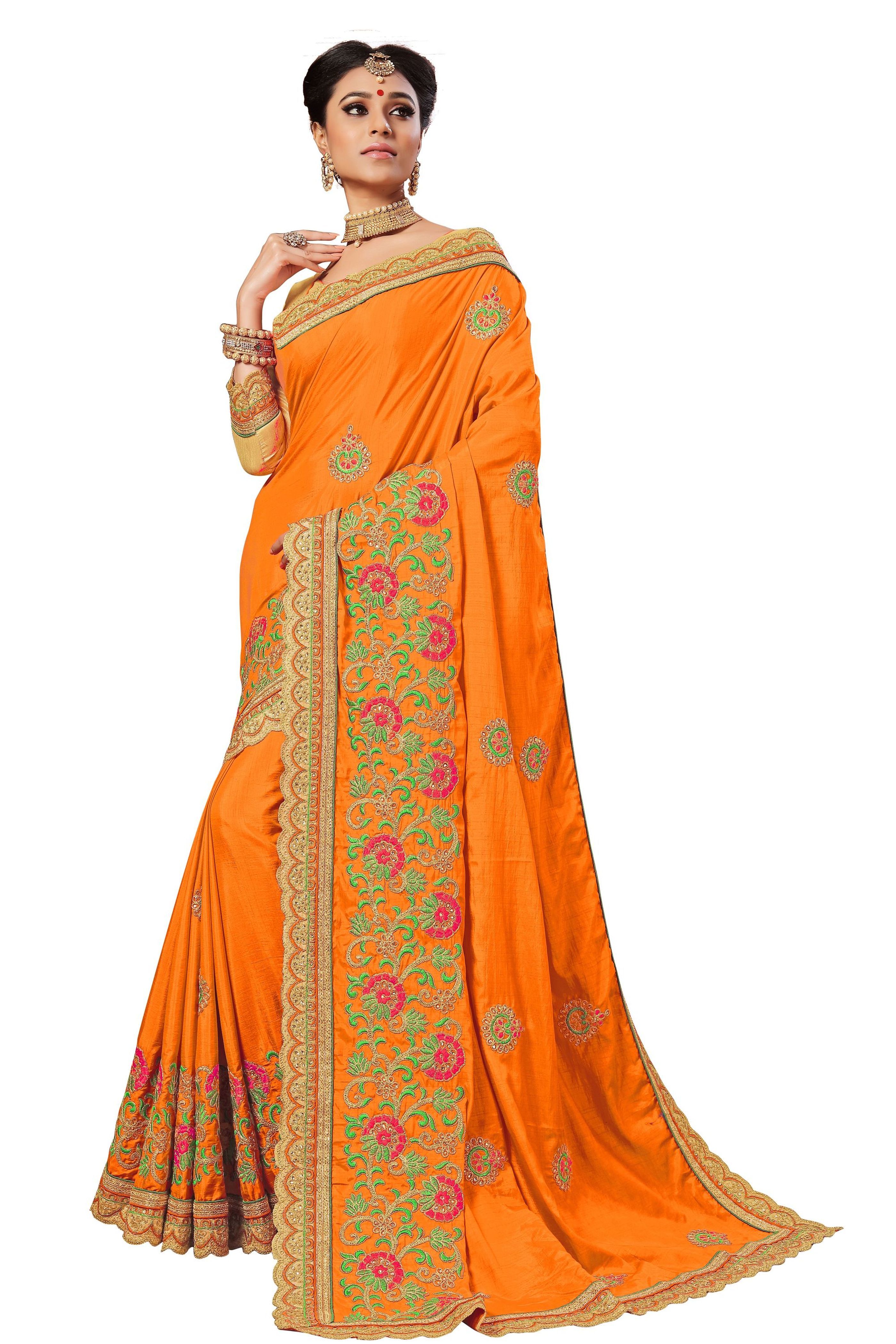 Silk Embroidery Floral Design Stone Work Saree - 5.50 Mtr Length, Pink And Orange With Unstitched Dupion Silk Blouse Piece, Ideal For Festive Occasions