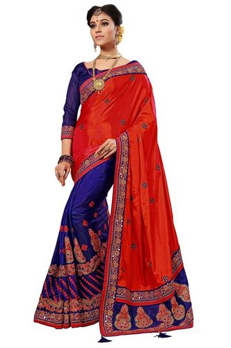 रेड सिल्क मिरर एम्ब्रायडरी वर्क साड़ी