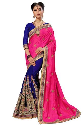 फ़िरोज़ा सिल्क और जॉर्जेट मिरर एम्ब्रॉयडरी वर्क साड़ी