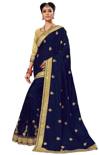 पिंक सिल्क और नेट मिरर एम्ब्रायडरी वर्क साड़ी