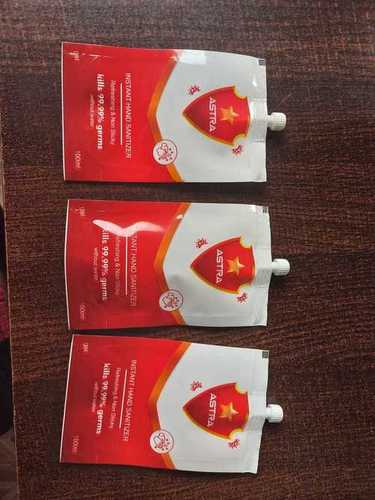 Spout Pouches - Plastic, 140mm Size | Red and White Printed Stand Up Pouch for Sanitizer Gel