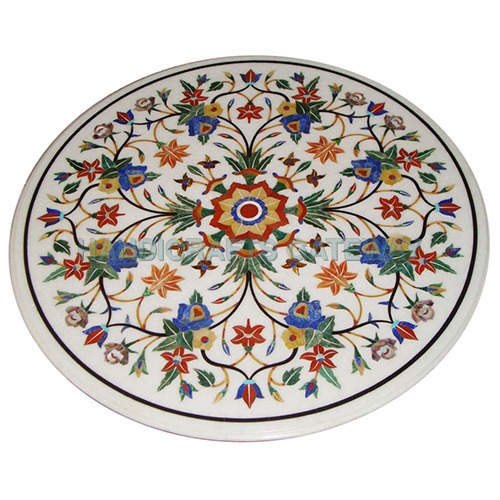 Indian Beautiful White Marble Pietra Dura Design Round Shape Coffee Table Top