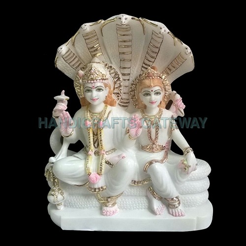 Very Exclusive Pure White Makrana Marble Laxmi Narayan Statue - 12 to 72 Inches, Polished Finish, Antique Plating, Durable and High-Quality Artistry