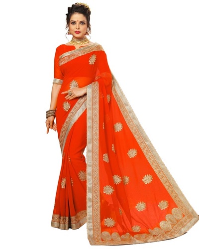 Orange Georgette Embroidery Stone Work Saree