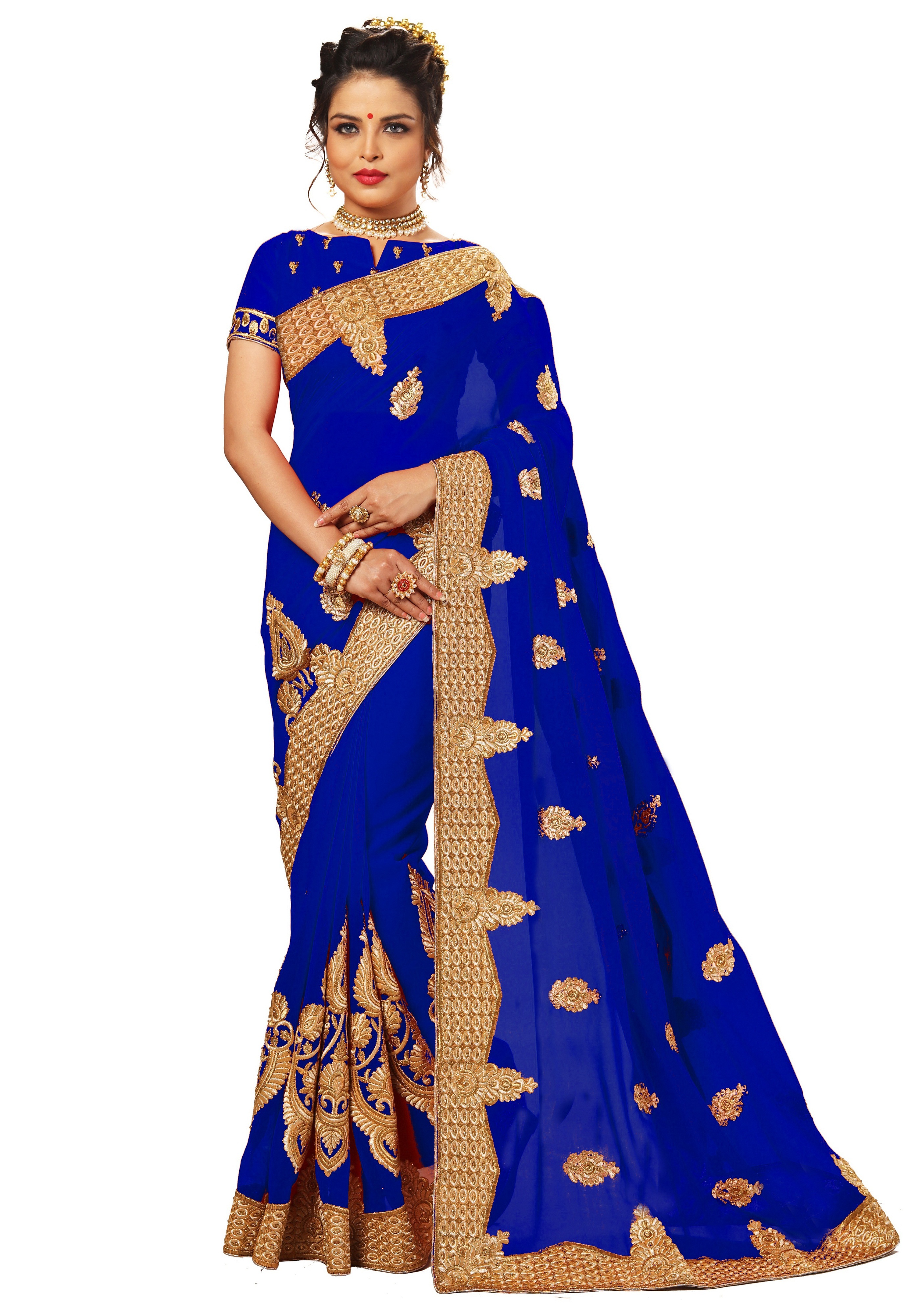 Blue Georgette Embroidery Work Saree