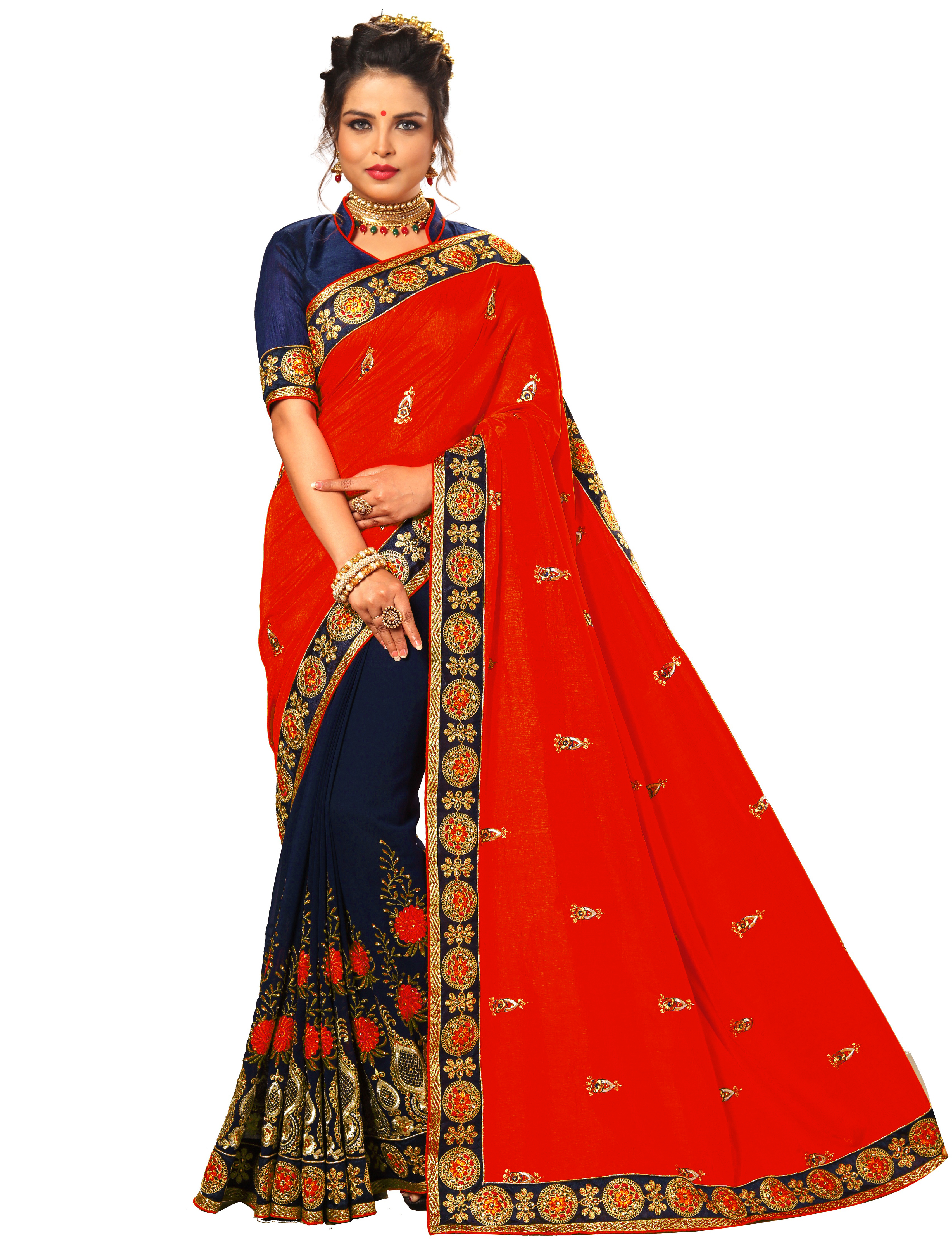 Red Silk Embroidered Stone Work Saree