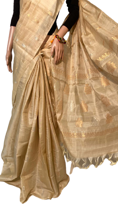 Ladies Silk Saree - Pure Tussar (Kosa Silk), Natural Yarn Colour With All Over Booti Woven, Beautiful Jari Woven Pallu, Running Plain Blouse | Ideal For Party Wear, Suitable For All Seasons