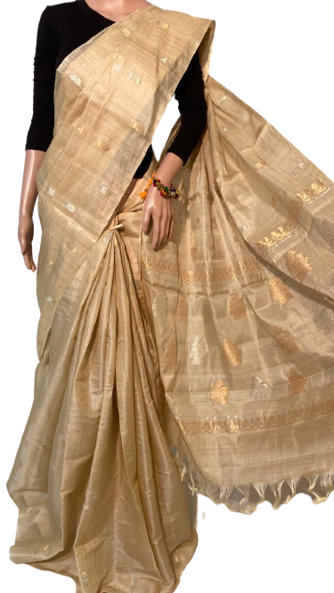 Ladies Silk Saree - Pure Tussar (Kosa Silk), Natural Yarn Colour With All Over Booti Woven, Beautiful Jari Woven Pallu, Running Plain Blouse | Ideal For Party Wear, Suitable For All Seasons
