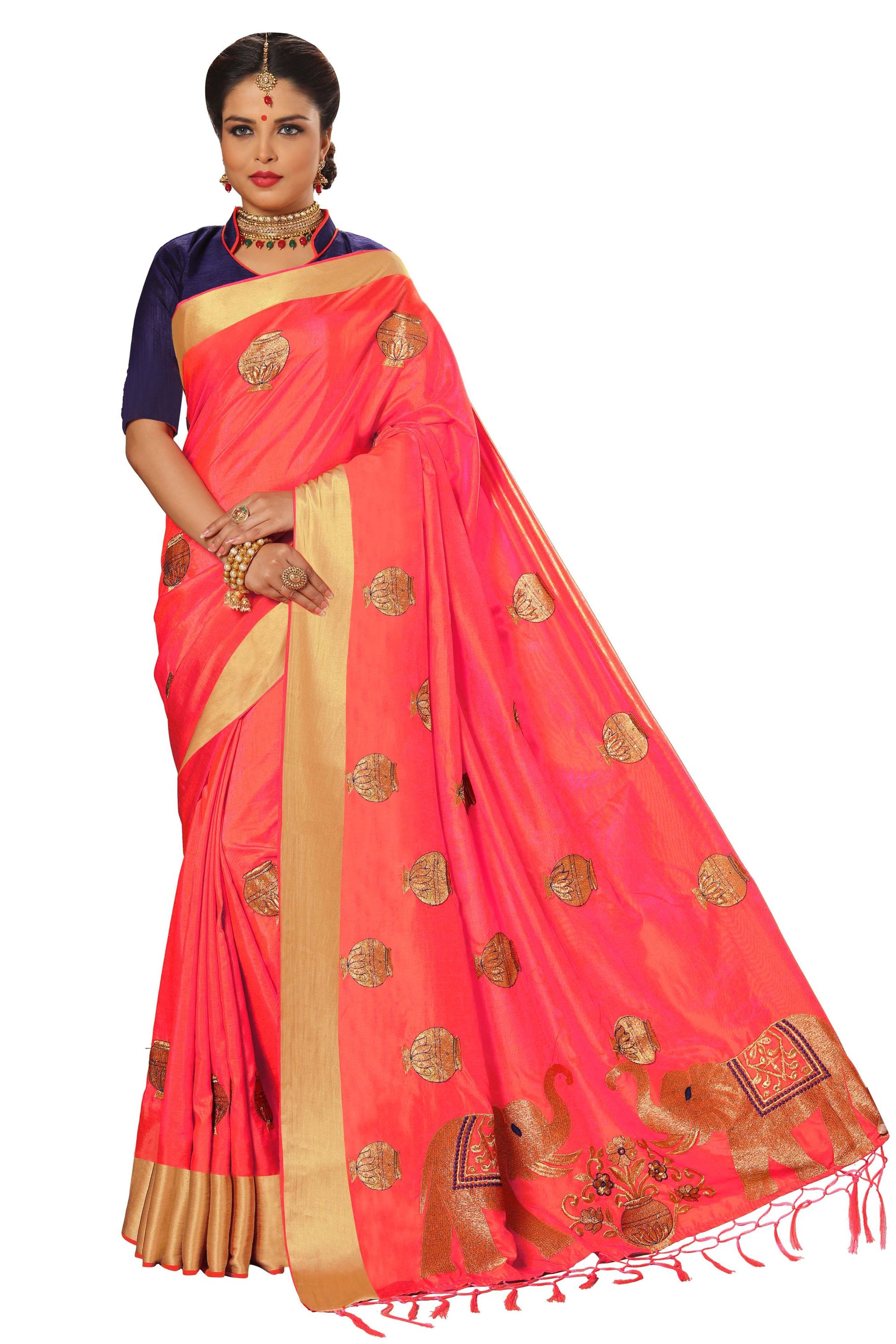Silk Saree - 5.50 Mtr With Unstitched Dupion Blouse Piece, Embroidered Jacquard Border Design In Red, Orange, Pink, Blue, And Turquoise Colors