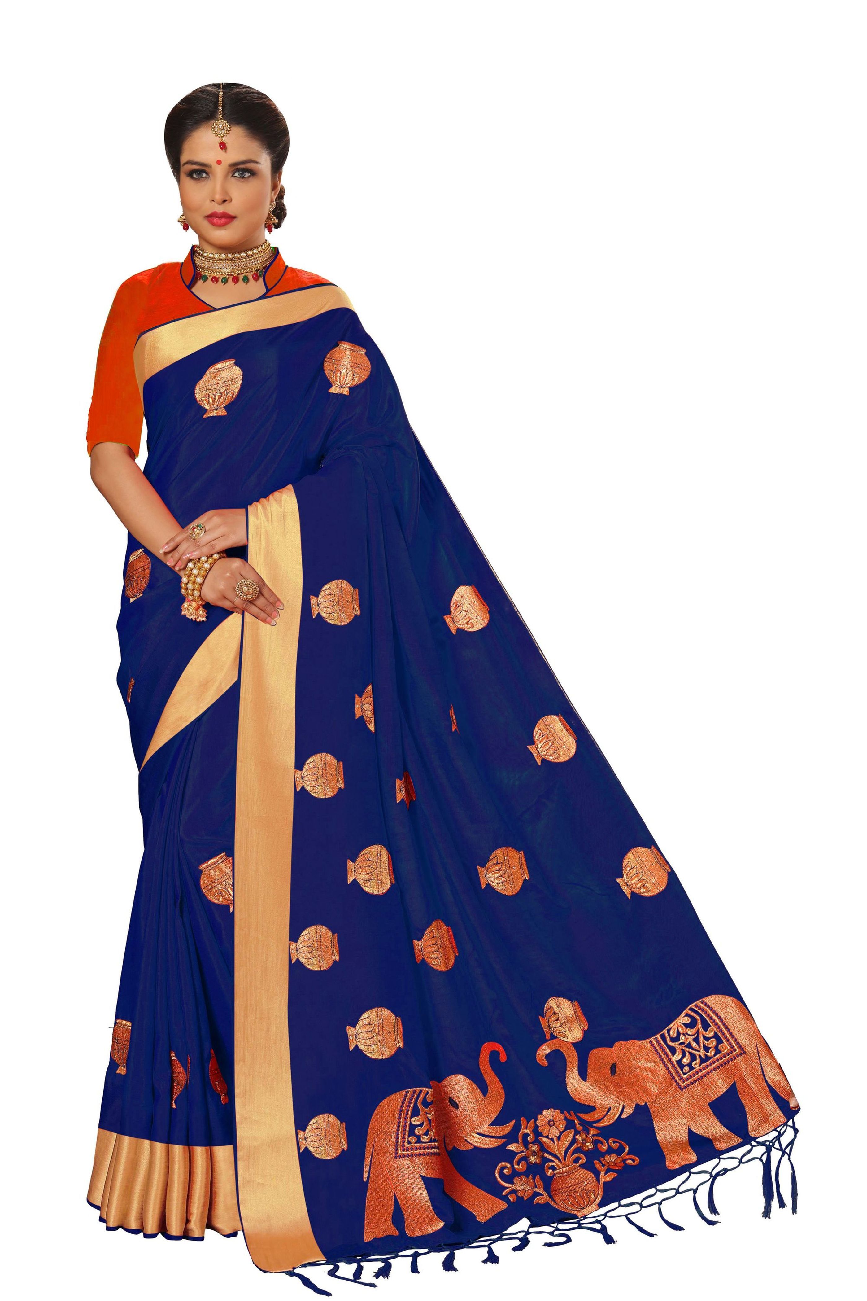 Silk Saree - 5.50 Mtr With Unstitched Dupion Blouse Piece, Embroidered Jacquard Border Design In Red, Orange, Pink, Blue, And Turquoise Colors